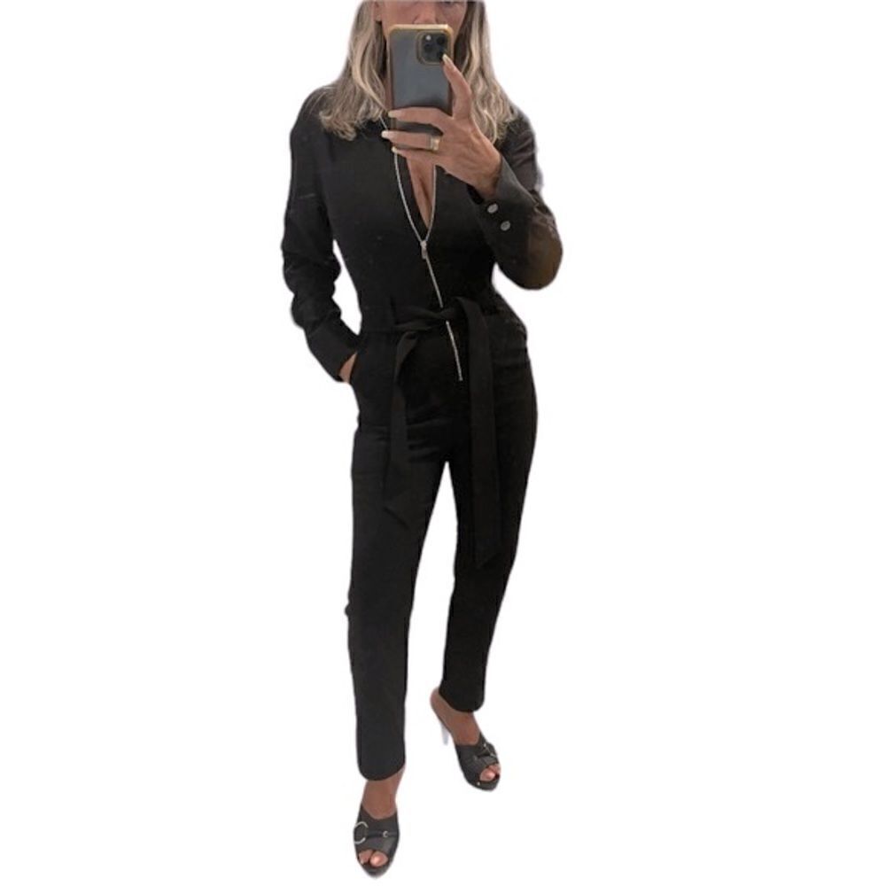 Michael Costello x Revolve Zipper Up Belted Black Long Sleeves Jumpsuit.Sz S